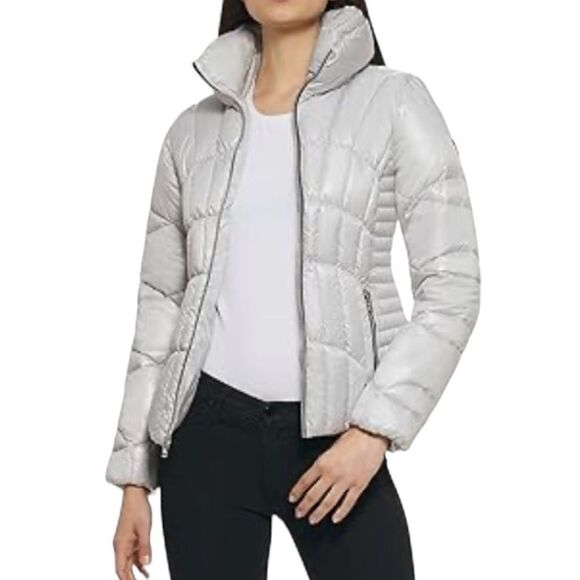 GUESS quilted pearlescent silver puffer jacket - Picture 16 of 16